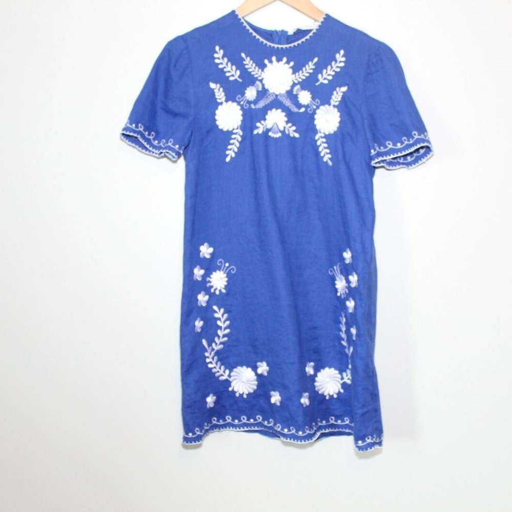 Zara Embroidered Floral Shift Linen Dress Blue White Women's Size Small H12693 - Picture 2 of 11